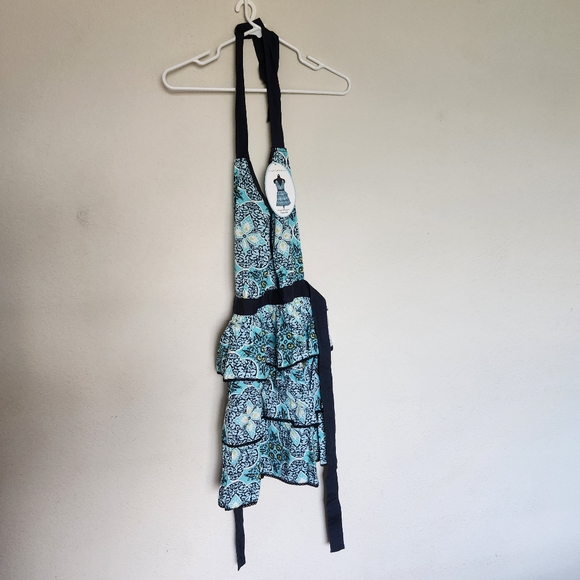 Simply Envogue Sweet Whisper retro blue black floral shape prnt Ruffle apron NWT - Picture 2 of 11